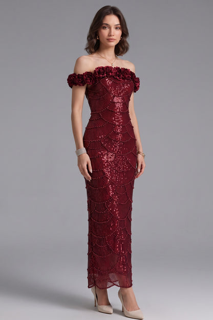 burgundy sequined mesh column gown burgundy sequined mesh gown - product view 2