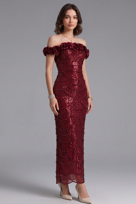 burgundy sequined mesh column gown burgundy sequined mesh gown - product view 2
