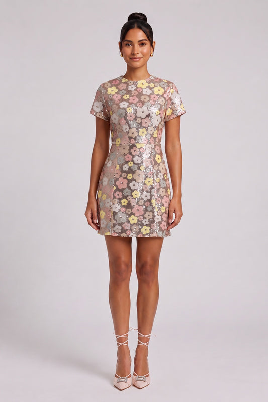 Silver Sequined Mesh A-Line Shift Dress