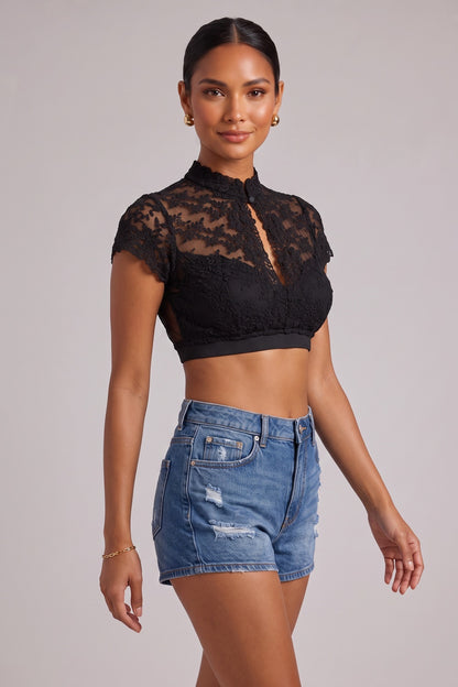 black floral lace fitted crop top black floral lace crop top - product view 4