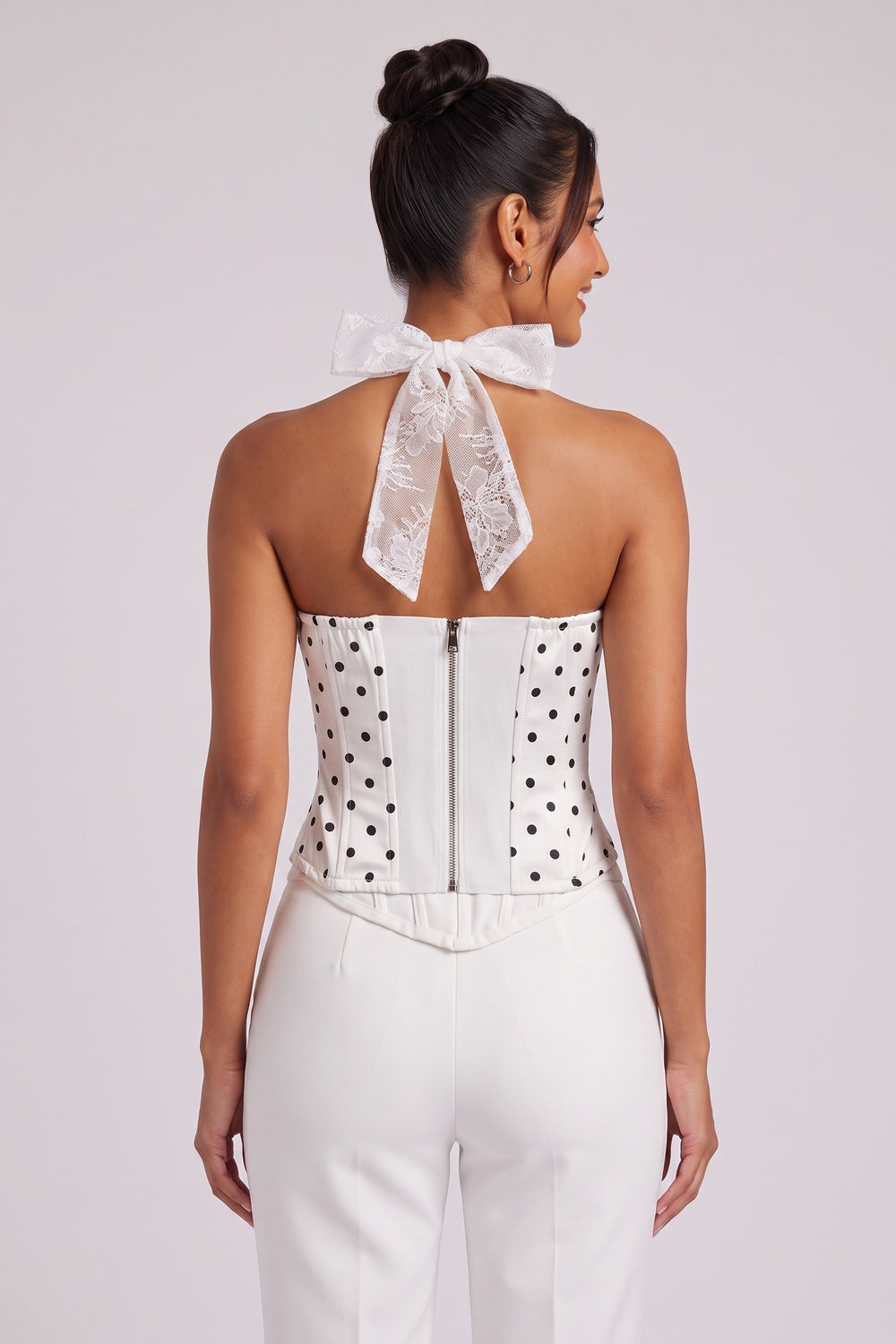 White Polka Dot Bustier Corset Top with Lace Halter white woven cotton-synthetic blend corset top - product view 5