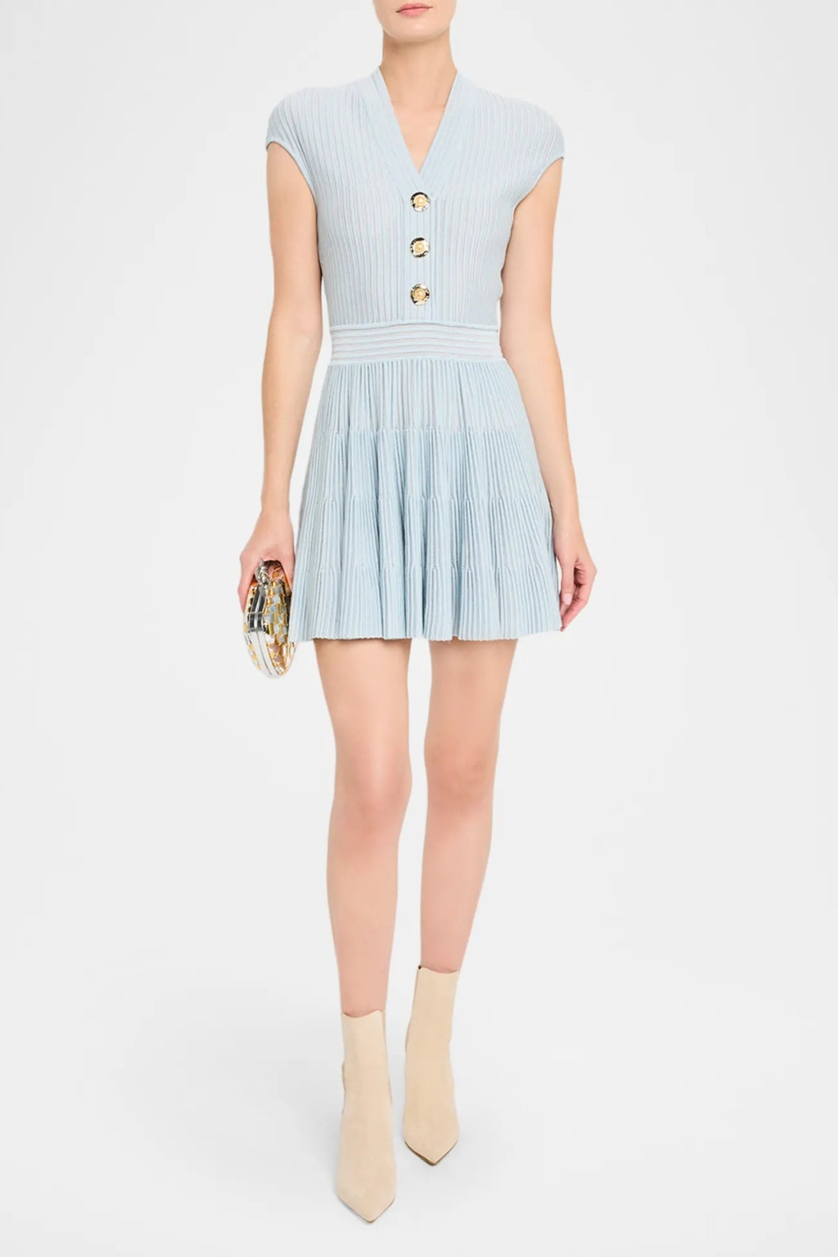 Short-Sleeve Flechage Knit Flare Mini Dress in blue