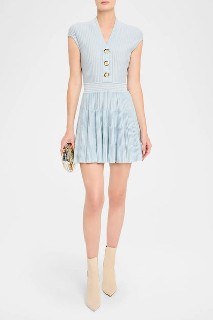 Short-Sleeve Flechage Knit Flare Mini Dress in blue