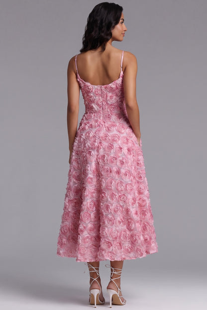 Pink 3D Rosette Textured Mesh A-Line Midi Dress pink 3D rosette textured mesh dress - product view 5