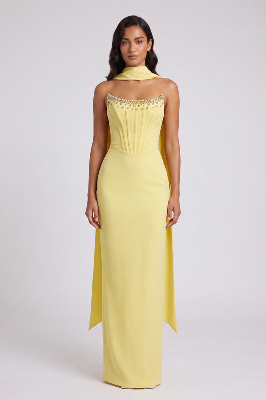 Yellow Halter Maxi Dress with Open Back and Bow Detail Premium Fabric - product view 5