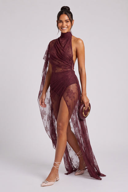 burgundy sheer floral lace asymmetrical column with bodysuit base evening gown burgundy sheer floral lace evening gown - product view 1