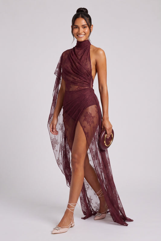 burgundy sheer floral lace asymmetrical column with bodysuit base evening gown burgundy sheer floral lace evening gown - product view 1