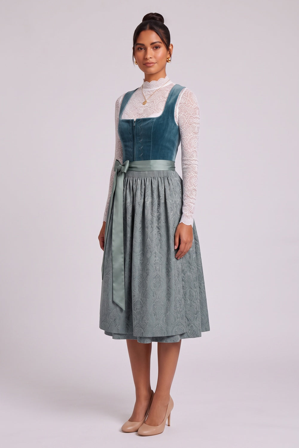 Teal Velvet bodice A-line skirt with fitted bodice Three-piece traditional dirndl ensemble Teal, Slate blue, White Velvet bodice, jacquard skirt, lace blouse, satin apron Three-piece traditional dirndl ensemble - product view 2