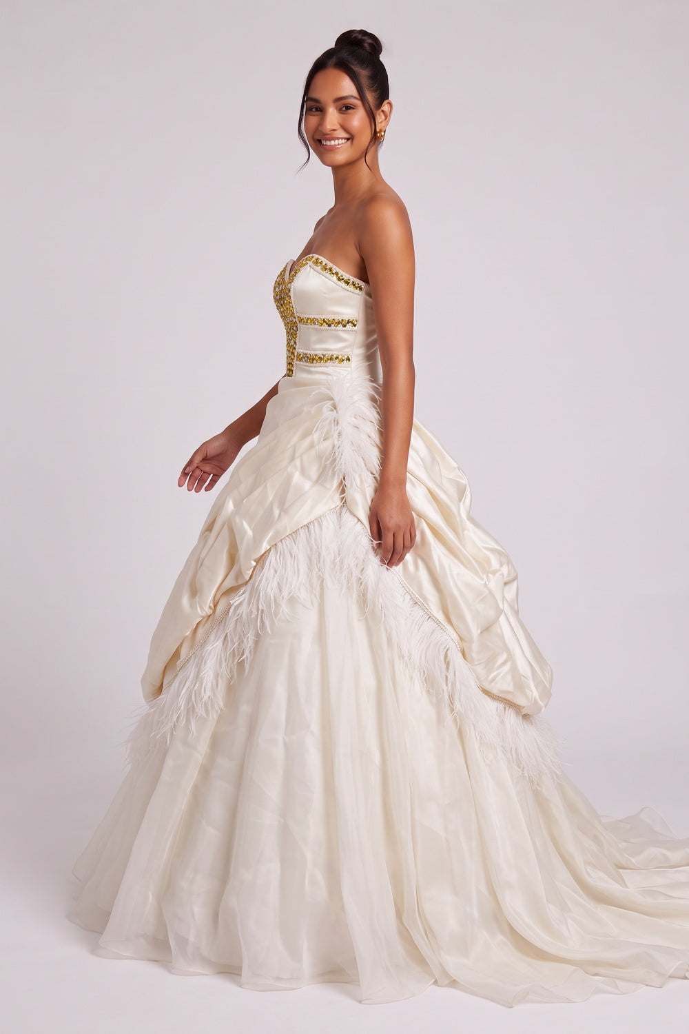 Cream Satin Ballgown Gown with Rhinestone Bodice and Feather Trim cream, ivory satin gown - product view 3