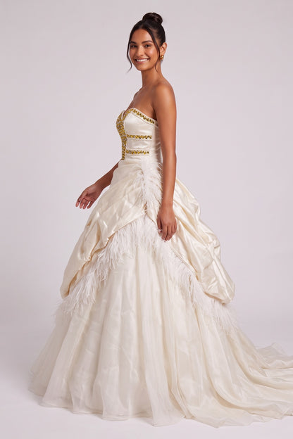 Cream Satin Ballgown Gown with Rhinestone Bodice and Feather Trim cream, ivory satin gown - product view 3