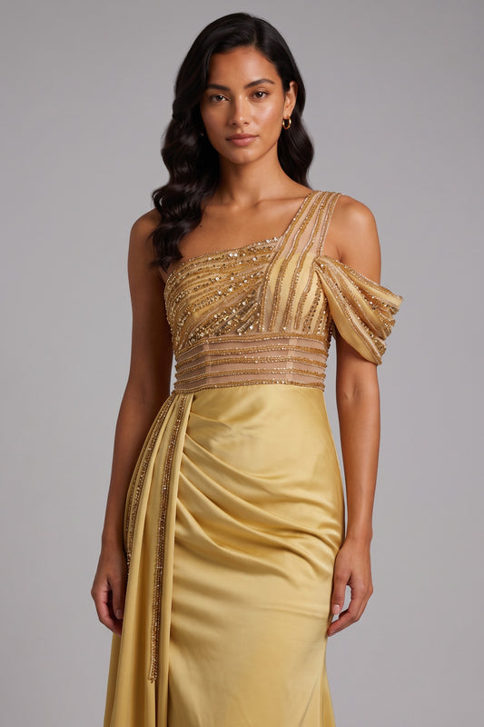 One Shoulder Beaded Mesh Draped Satin Mermaid Evening Gown