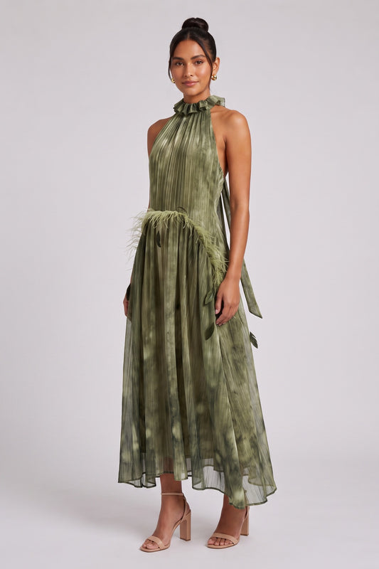 Olive Green Chiffon A-Line Halter Midi Dress olive green, moss green chiffon dress - product view 1
