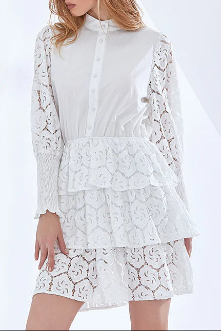 vanessa Long Sleeves Layered Lace Mini Dress in white