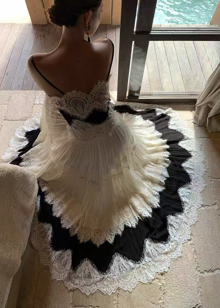 Black & White Lace Tiered Spaghetti Strap Maxi Dress
