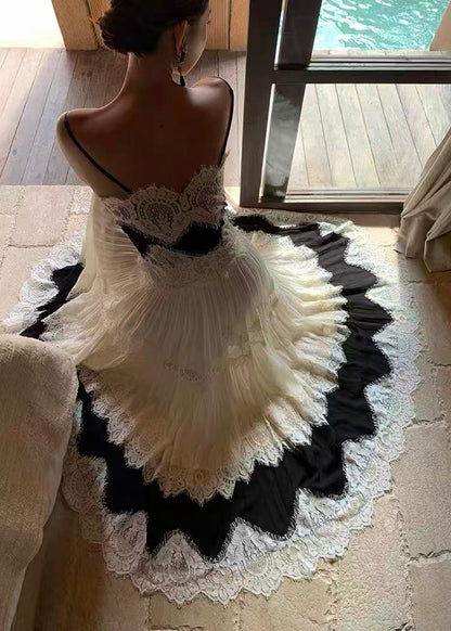Black & White Lace Tiered Spaghetti Strap Maxi Dress