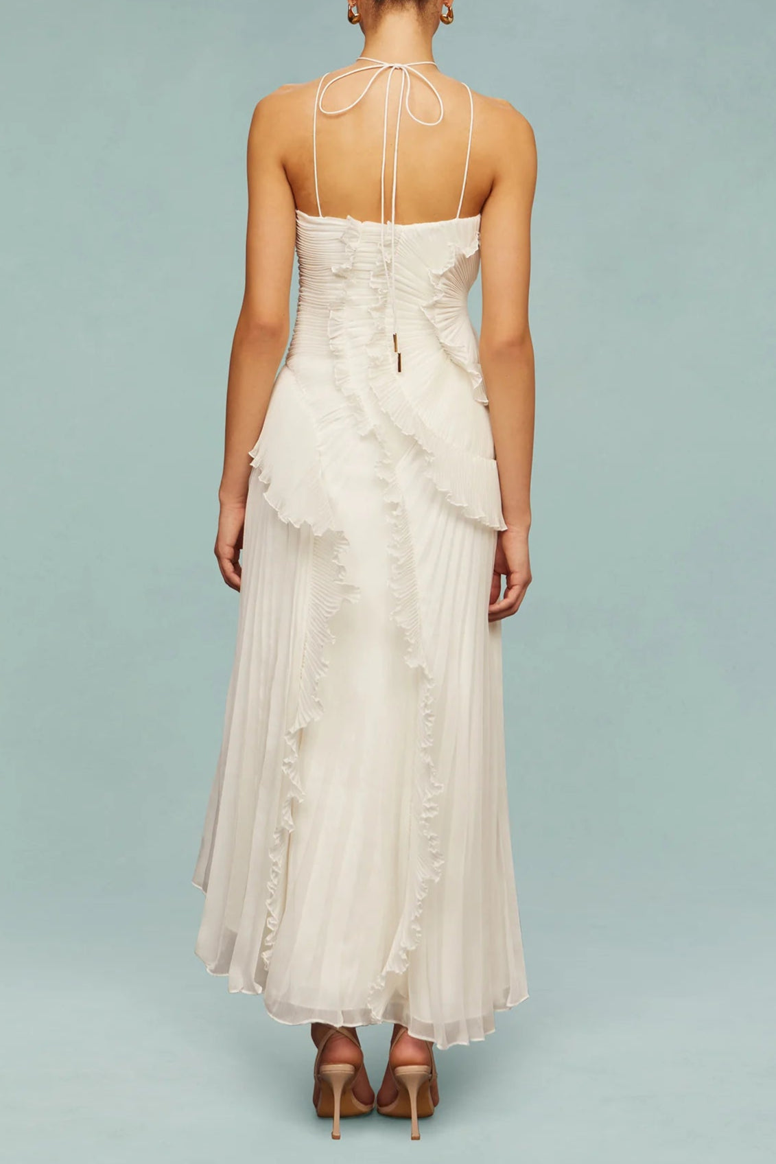 alva Sleeveless Folds Slit Maxi Dress in light white