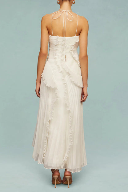 alva Sleeveless Folds Slit Maxi Dress in light white