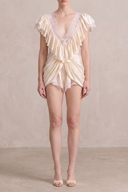 Lace V-Neck Ruffle Satin Mini Romper
