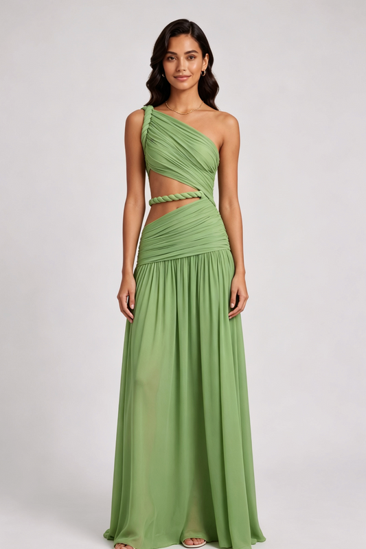 sage green chiffon a-line gown