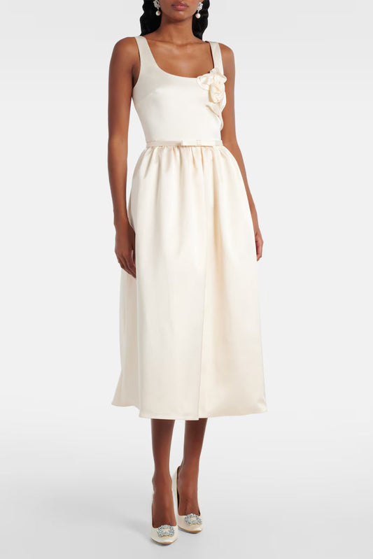 polly floral-appliqué satin midi dress in ivory
