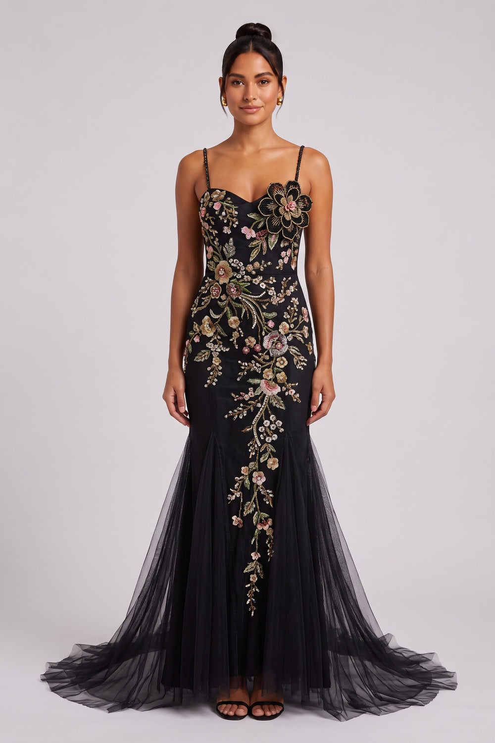 Black Tulle Mermaid Gown with Floral Beadwork black tulle gown - product view 1