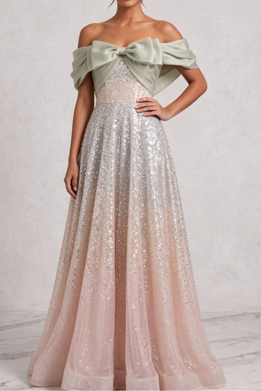 silver sequined tulle a-line gown