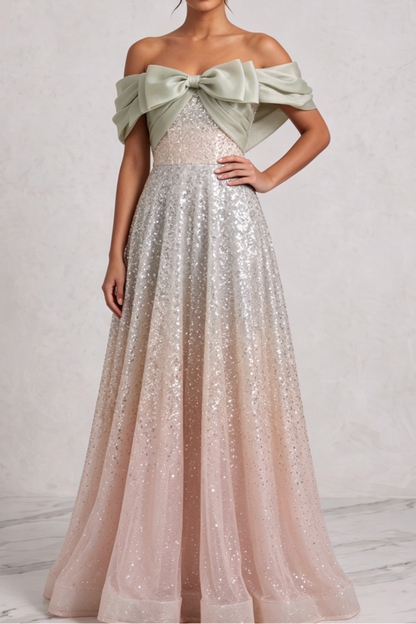 silver sequined tulle a-line gown