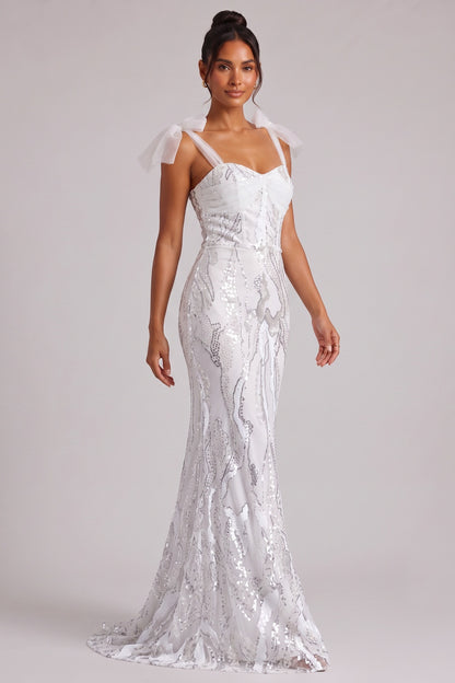 White Sequin Embellished Floor-Length Gown with Bow Shoulder Straps Premium Fabric - product view 4
