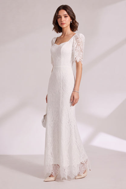 White Lace Floor-Length Dress with Puff Sleeves Premium Fabric - product view 2