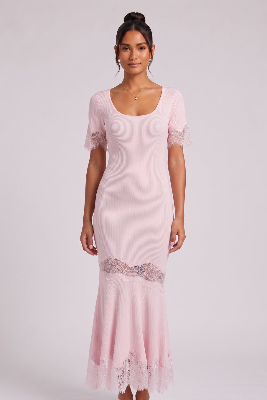 Light Pink Ribbed Knit Mermaid Maxi Dress with Lace Inserts light pink ribbed knit dress - product view 4