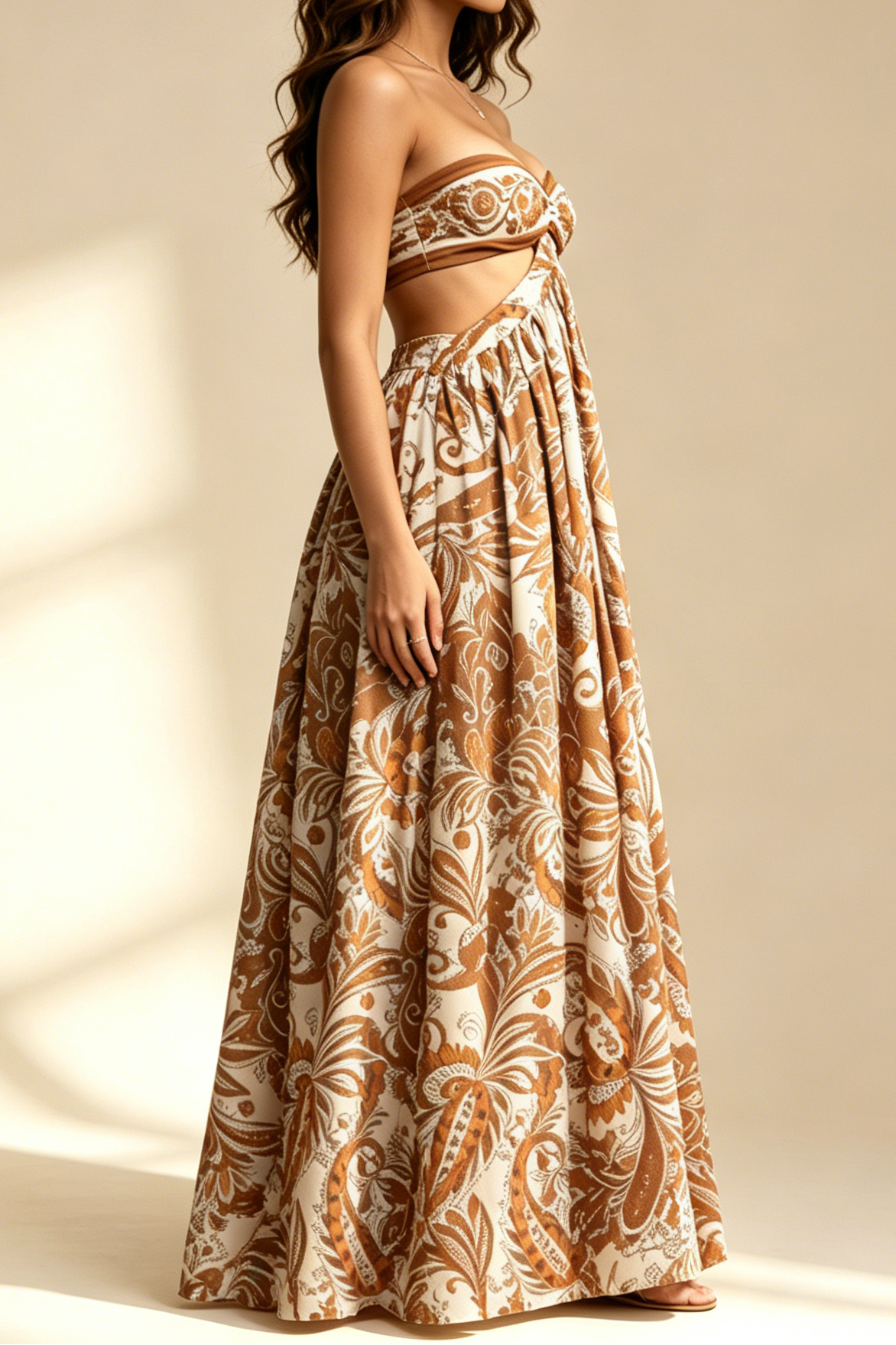 Boho Paisley Print Strapless Tube Top Cutout Flowy Maxi Dress