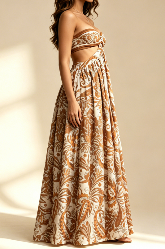 Boho Paisley Print Strapless Tube Top Cutout Flowy Maxi Dress