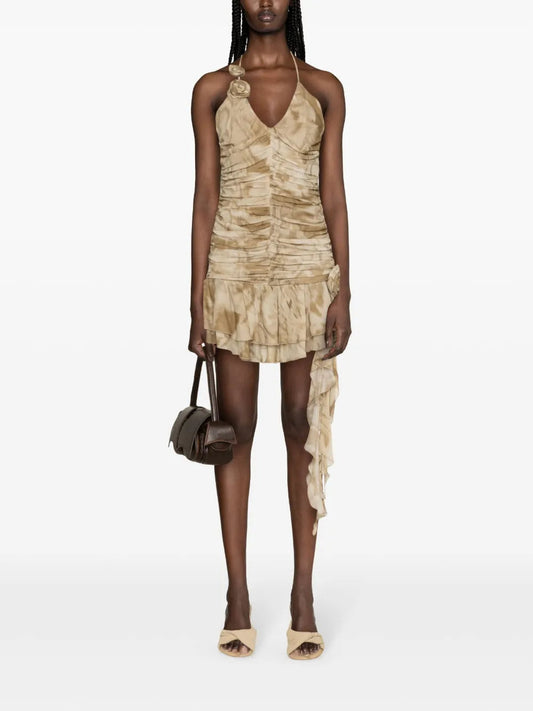 ruffled python-print mini dress in sand beige