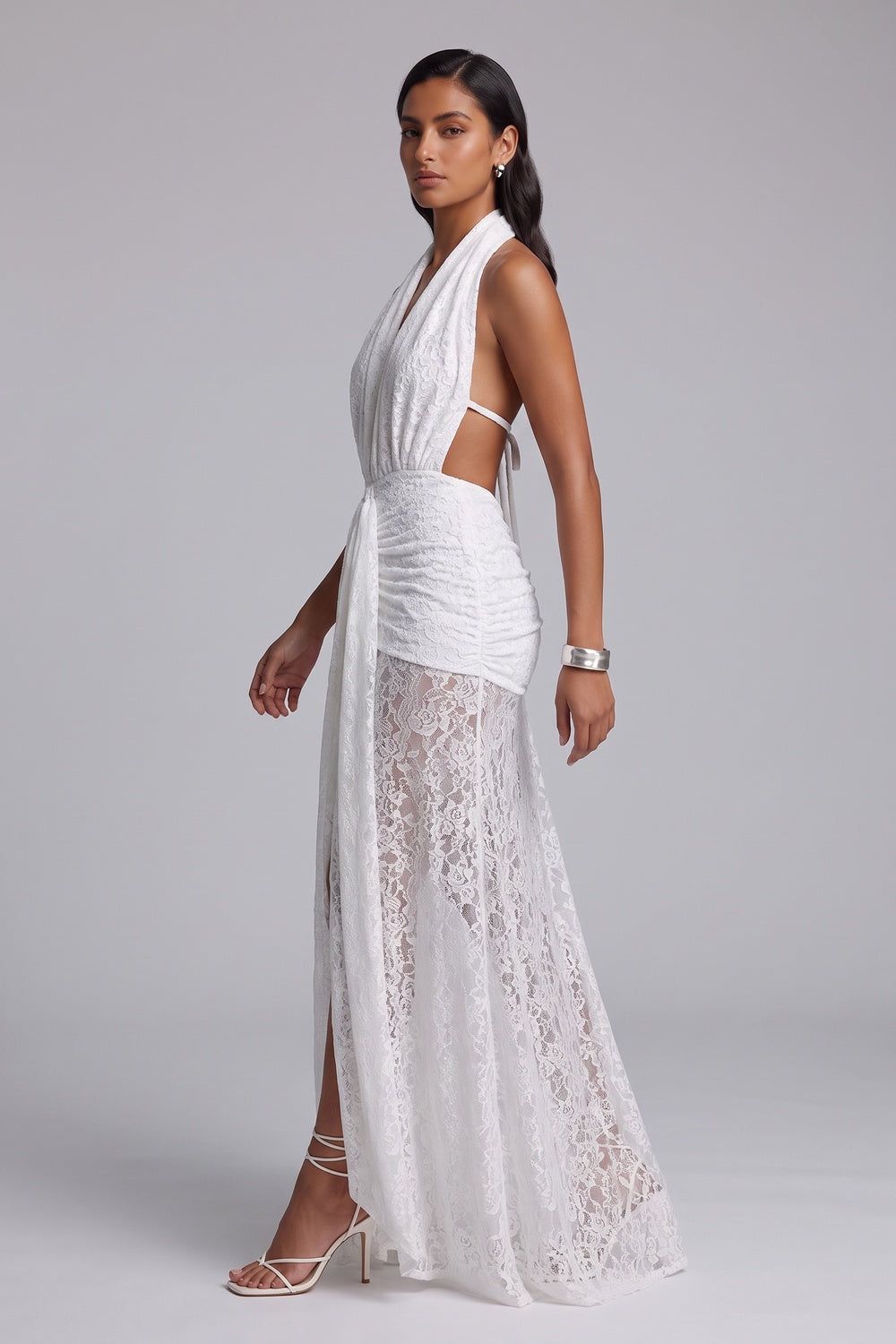 white lace column with front slit gown white lace gown - product view 3