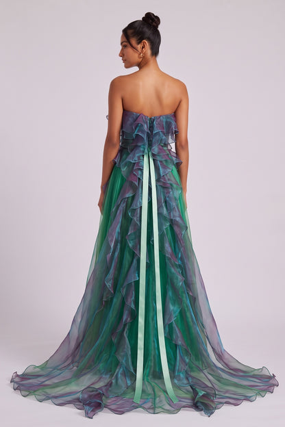 Emerald Green Sheer Organza A-Line Gown with Iridescent Ruffles emerald green, forest green sheer organza gown - product view 5