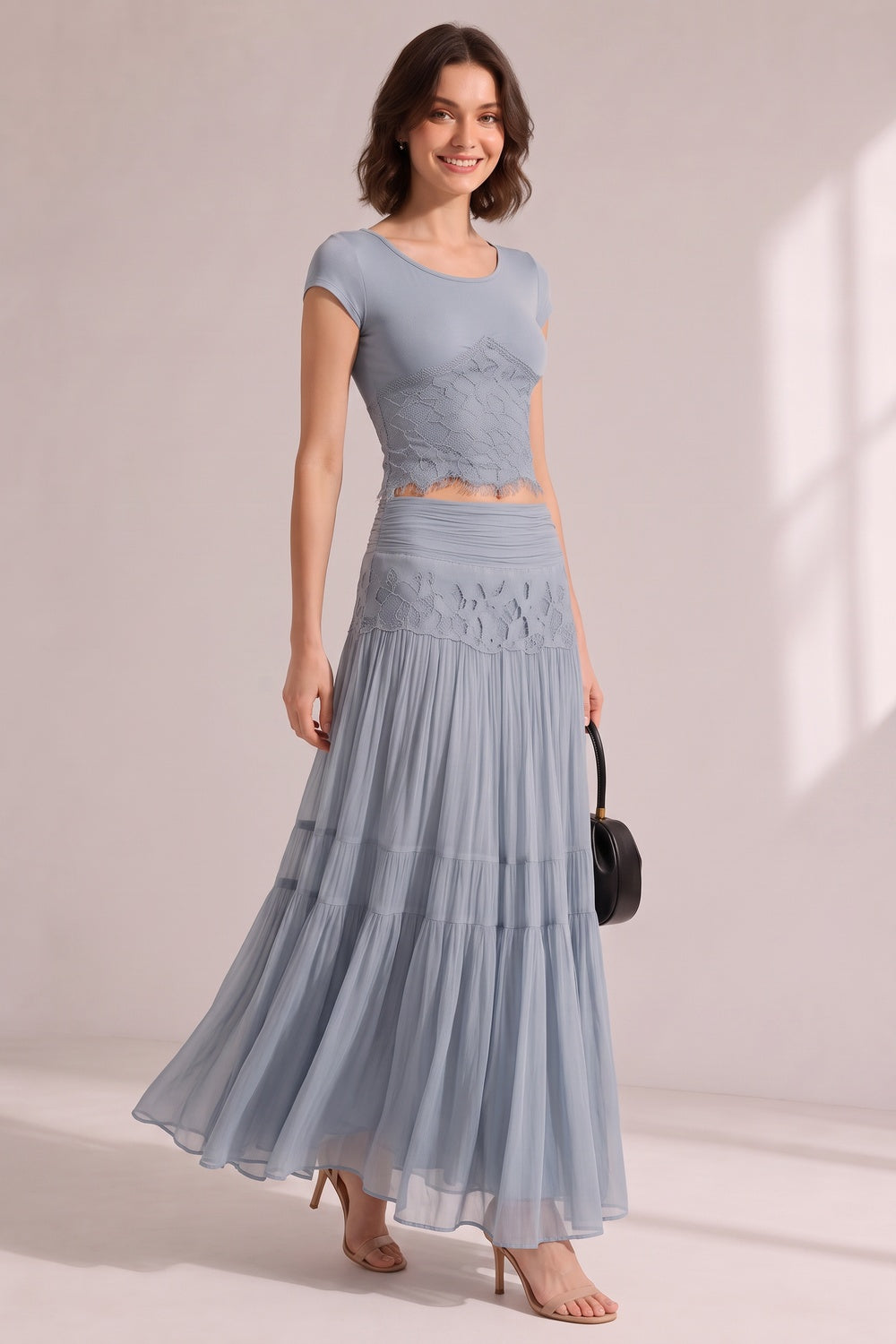 Dusty Blue Lace Ribbed Crop Top Tiered Pleated Midi Skirt Two-Piece Set