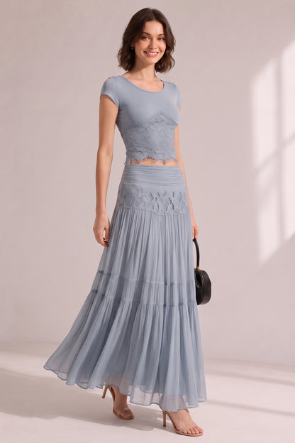 Dusty Blue Lace Ribbed Crop Top Tiered Pleated Midi Skirt Two-Piece Set