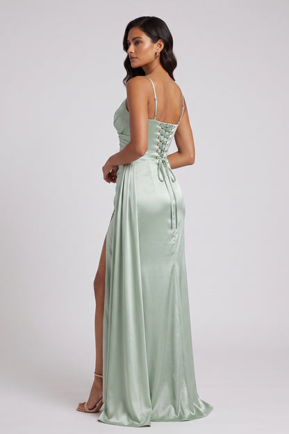 Sage Green Satin Wrap Maxi Dress with High Slit Premium Fabric - product view 3