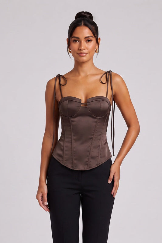 Dark Brown Satin Structured Corset Top dark brown satin corset top - product view 1