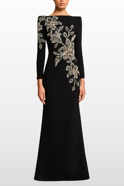 monica rhinestone Orchid Floral-Embellished Maxi Dress in black