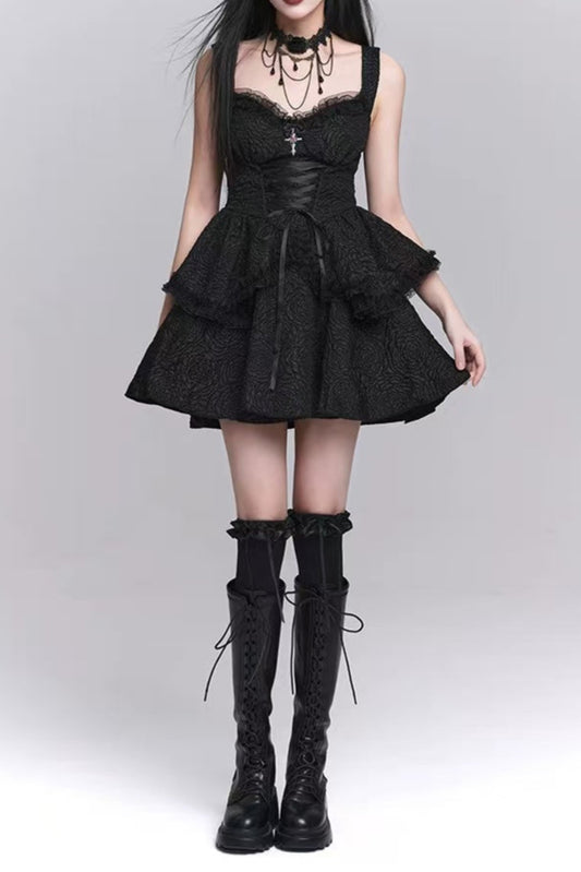 BLACK TEXTURED SUSPENDER MINI DRESS