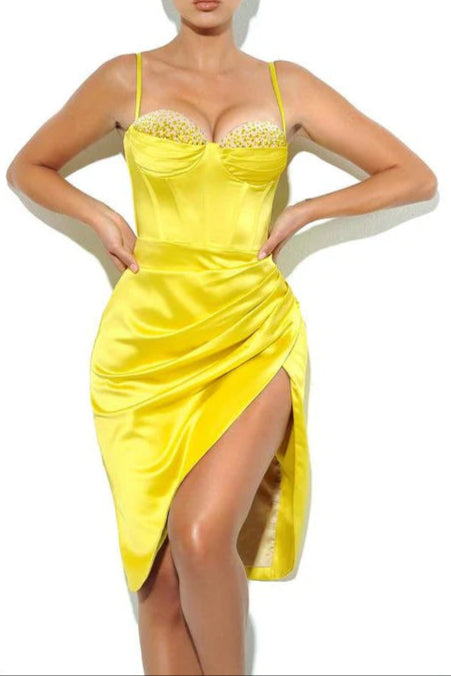 Lemon yellow pleated satin mini Dress
