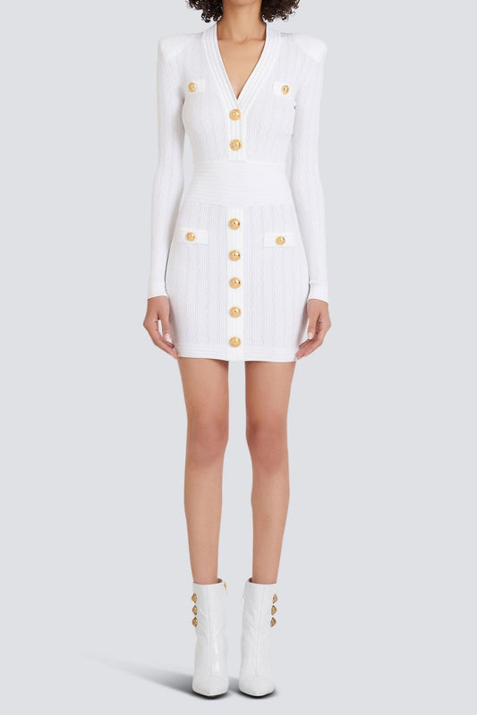 vicky v-neck button-detail ribbed mini dress in white