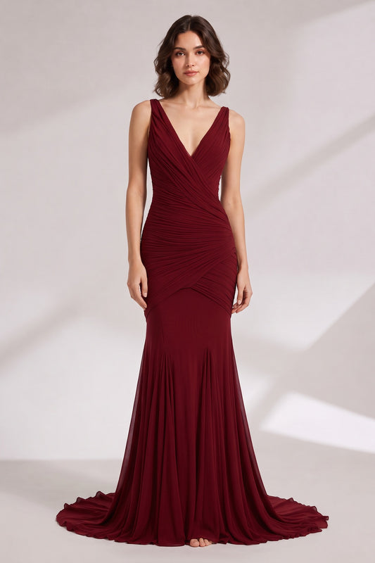 burgundy stretch jersey mermaid gown burgundy stretch jersey gown - product view 1