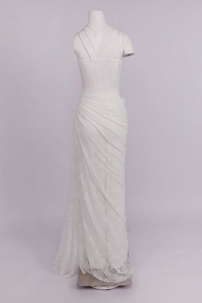 White Floral Lace One-Shoulder Column Gown