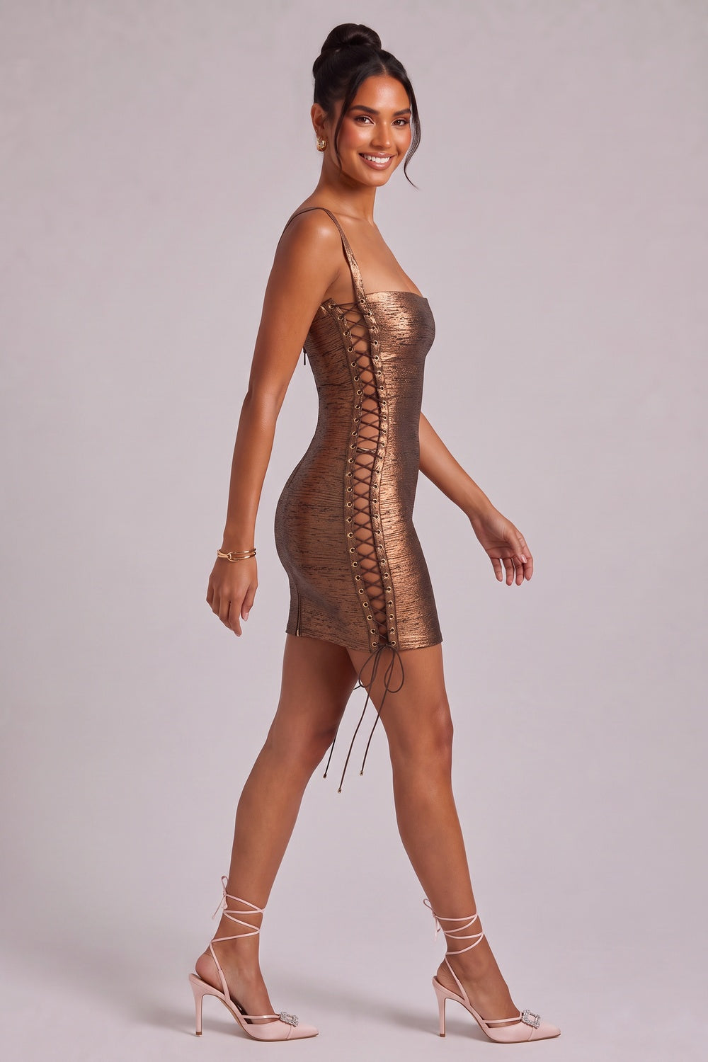 Metallic Bronze Lace-Up Mini Dress Premium Fabric - product view 3