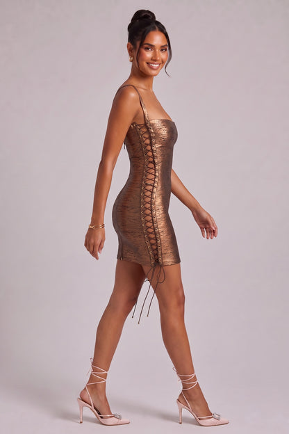 Metallic Bronze Lace-Up Mini Dress Premium Fabric - product view 3