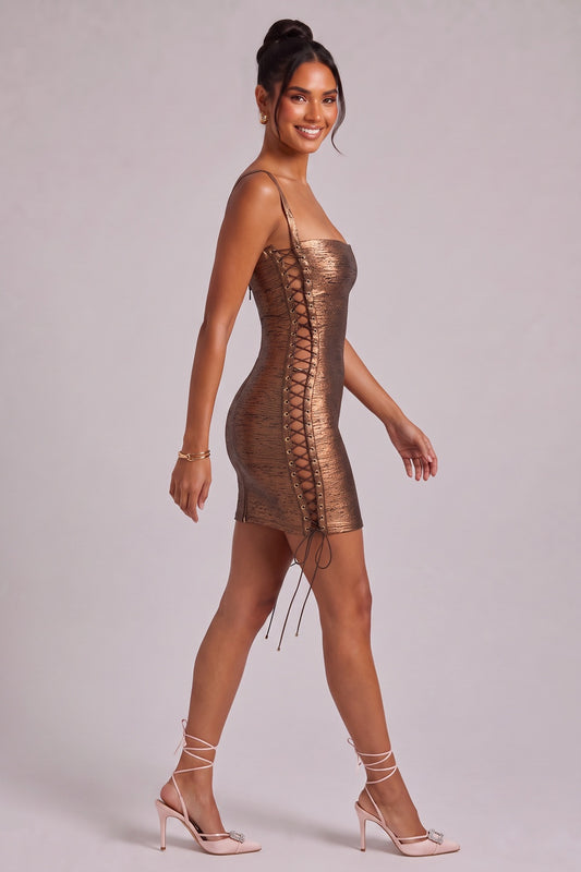 Metallic Bronze Lace-Up Mini Dress Premium Fabric - product view 3