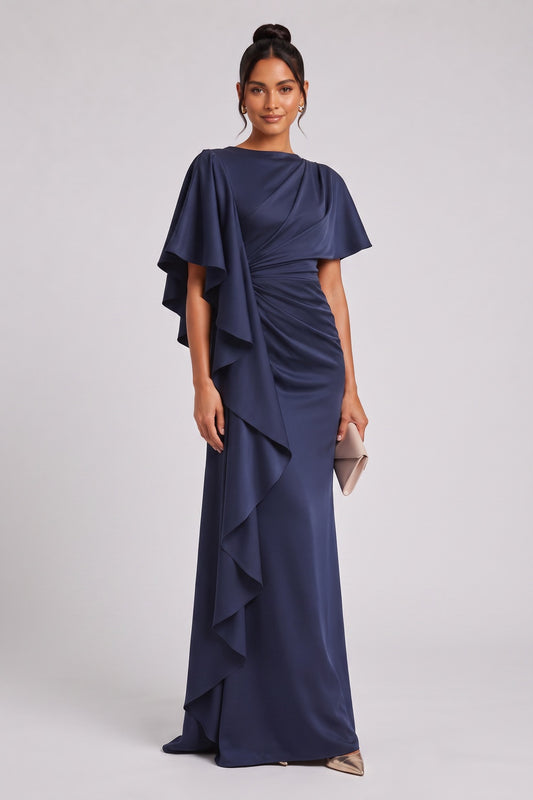 Navy Blue Satin-Crepe Column Evening Gown with Draped Cape Sleeves navy blue satin-crepe evening gown - product view 1