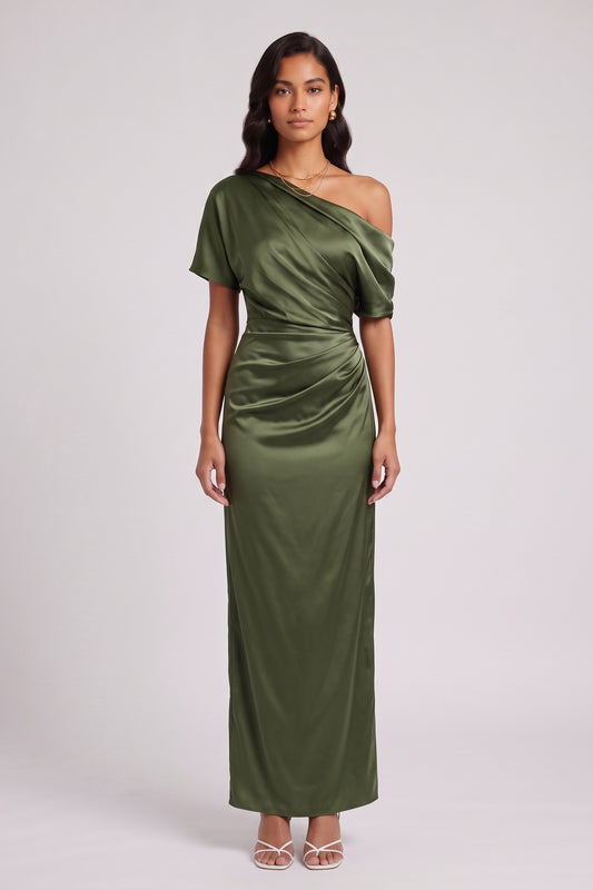 olive green satin column dress olive green satin dress - product view 3